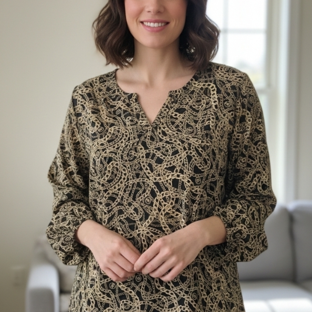 Michael Kors Black and Gold Lace Pattern Blouse